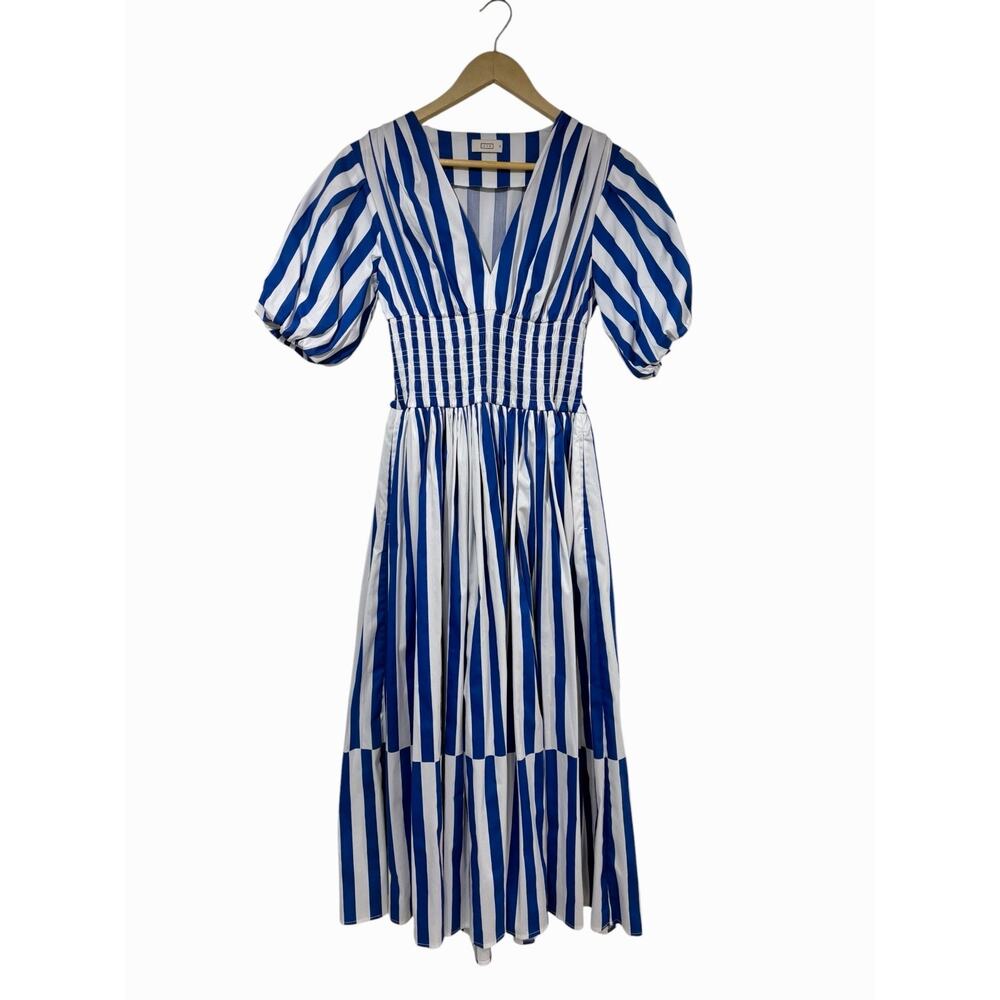 AYR The Extra Extra Puff Sleeve Midi Dress in Blue Stripe Women's XS - Picture 2 of 9